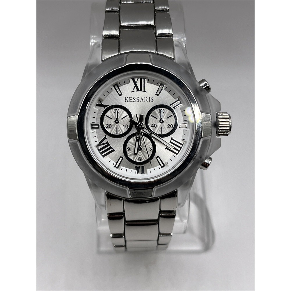 Kessaris Women's Chronograph Watch 8.5" Silver Band Plastic Case- New Battery